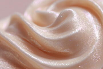 Close-up of a delicately swirled, pale pink frosting with shimmering highlights, creating a mesmerizing and textured appearance.