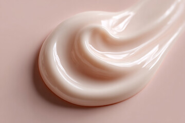 A visually appealing swirl of a creamy product on a matching surface. The texture is smooth and reflective, showcasing a skin tone color.