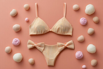 Pastel Dreams: A whimsical arrangement of swimwear and confectionery delights, evoking a sense of sweetness and playful charm.