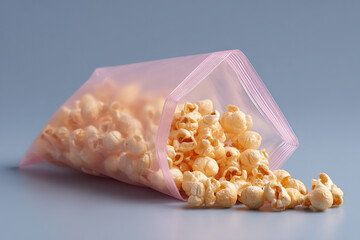 Popcorn overflows from a translucent bag on a solid gray surface, creating a warm, inviting snack visual.
