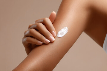 Smooth skin application: Close-up of a woman's arm with cream applied, highlighting skincare and moisturizing routines.