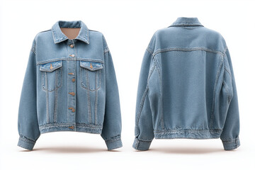 Denim Jacket: Front and back studio shot of a light blue denim jacket. Classic design with button closure and a stylish, comfortable fit.