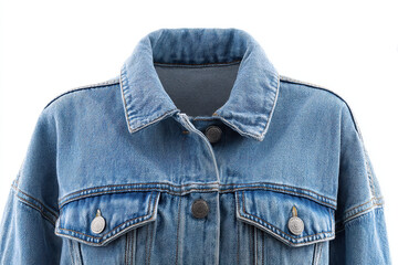 Close-up of a stylish light-wash denim jacket featuring a classic collar, button-down closure, and chest pockets, isolated on a white background.