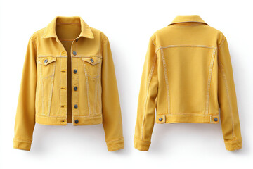 Bright yellow denim jacket for versatile style. Classic design, front and back views. Perfect for adding a pop of color to any outfit.
