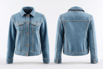 Classic denim jacket in light blue wash, front and back views. Timeless style for any season. Ideal for layering and casual outfits.