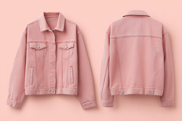 Rose-tinted Denim Jacket: A front and back studio shot of a light pink denim jacket with button closure on a pink background.