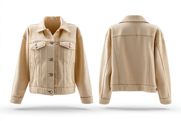 Classic light brown denim jacket, front and back view. A stylish and versatile wardrobe staple for casual everyday wear. Perfect for any season.