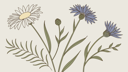 A detailed illustration of various wildflowers in soft colors, creating a serene and calming botanical arrangement.