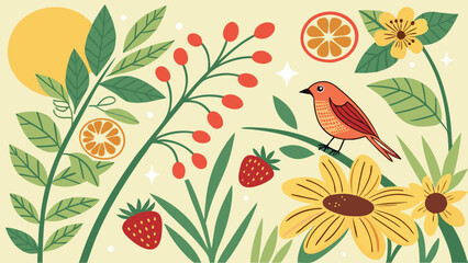 Colorful illustration of a bird surrounded by vibrant flowers and fruits, showcasing a lively, cheerful spring vibe.