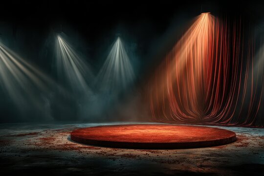 Dramatic stage setup with spotlight and rich curtains for a theatrical performance in an intimate setting