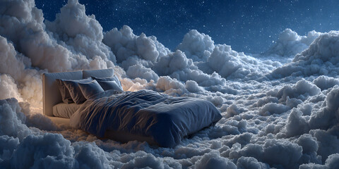 For a good night's sleep you need a quality bed and cotton linen - large double bed with luxurious bed linen floating on a bed of fluffy clouds with dark blue starry night in backgorund and copy space
