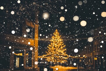 Magical winter snowfall creates a charming festive atmosphere with a beautifully decorated Christmas tree