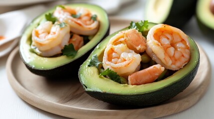 Delicious Avocado and Shrimp Dish Served on a White Plate with Garnish