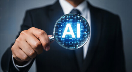 Businessman Analyzing AI Binary Data Concept. Magnifying Glass Focus on Artificial Intelligence,AI-Based Business Decision Analysis for 2026 ,AI -Powered business transformation in 2026 .