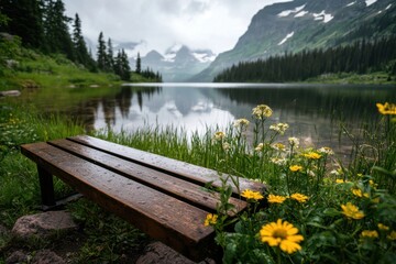 Tranquil wooden bench overlooking a serene lake glacial valley nature photography calm environment ground level view peaceful retreat