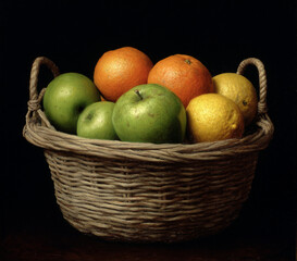 A wicker basket with green apples, oranges, and lemons in it, on a black background