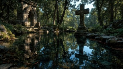 Serene forest scene with ancient ruins and a moss-covered cross at dawn near a tranquil pond