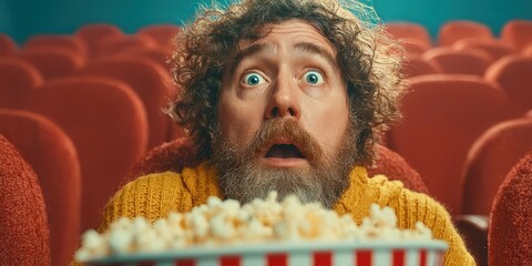 Excitement builds as a man watches a captivating film while holding a large bowl of popcorn in a theater setting