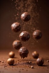Macro shot of coffee infused chocolate truffles with ground espresso topping in dynamic motion.
