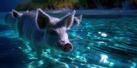 Pigs enjoy a swim in crystal-clear waters under a starlit sky at a tropical beach location