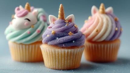 Colorful unicorn cupcakes decorated with cream frosting and cute toppers in a bright setting
