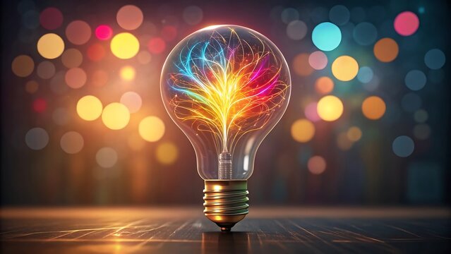 Vibrant colorful energy flows within a clear glass light bulb symbolizing innovation and bright ideas against a bokeh background