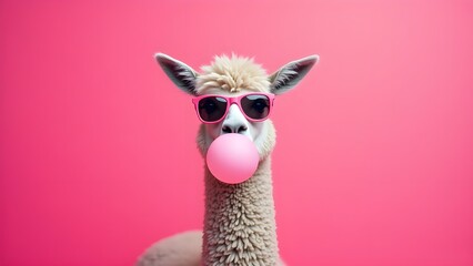 Obraz premium Playful Llama with Pink Sunglasses and Bubble Gum