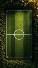 Overhead view of a neatly maintained soccer field surrounded by lush greenery during late afternoon light