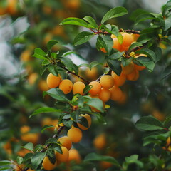 yellow plums, mirabelle, fruit tree, summer garden, organic fruits, fresh harvest, green leaves, nature background, ripe fruit, branch with fruits, healthy food, orchard, seasonal fruit, countryside, 