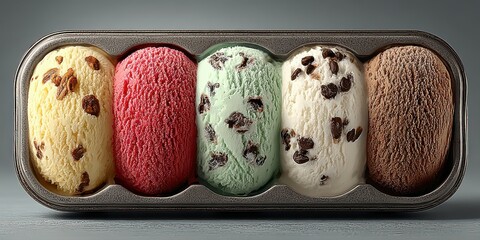 Assorted ice cream flavors in a metal container with chocolate chips served as a delightful treat