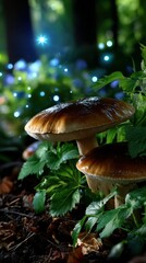 Mushrooms grow under shimmering lights in a lush forest during the early evening