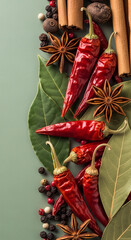 Red chili peppers, star anise, bay leaves, cinnamon sticks and peppercorns arranged on green background, showcasing spices and herbs, ideal for culinary or food blogs