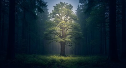 Naklejka premium Luminous oak tree stands tall in a misty, dark forest, illuminated by an ethereal light.