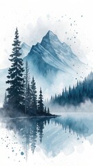 Serene watercolor depiction of mist shrouded mountains reflected in a tranquil lake with silhouetted pine trees