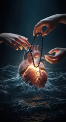 Surreal Glowing Heart in Ocean Depths Held by Hands with Beads