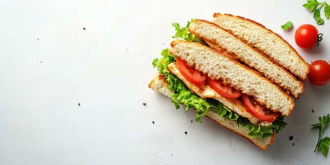 Freshly made sandwich with lettuce and tomato on white background ready for a delicious meal