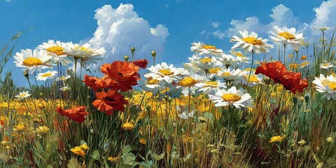 Colorful wildflower field under a clear blue sky with vibrant daisies and poppies swaying in the gentle breeze