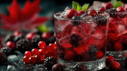 Refreshing berry cocktail served in glasses with ice and garnished with mint in evening lighting