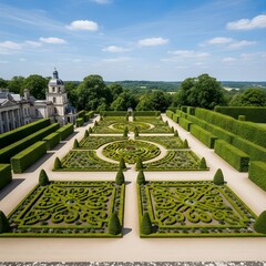 Formal gardens and stately home viewed from above, showcasing intricate geometric hedges and manicured lawns under a bright sky.