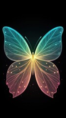A luminous ethereal butterfly with intricate wing patterns glowing with a gradient of vibrant colors against a dark starry background