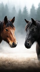 Horses standing side by side in a misty forest during early morning light