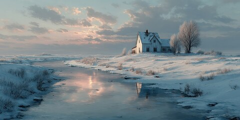 Snow-covered landscape with a solitary house beside a frozen river during twilight hours