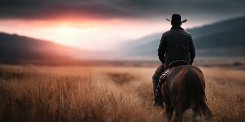Cowboy riding a horse through tall grass at sunset in an open valley