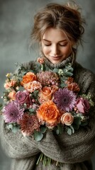 Woman smiling while holding a vibrant bouquet of flowers in cozy attire during a soft indoor setting
