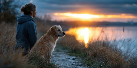 Person and golden retriever enjoying a serene sunset by the lake during a peaceful evening