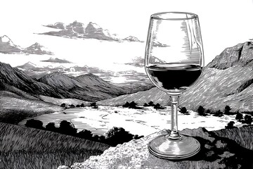 Wine Glass on Mountain Peak Black and White Landscape Illustration