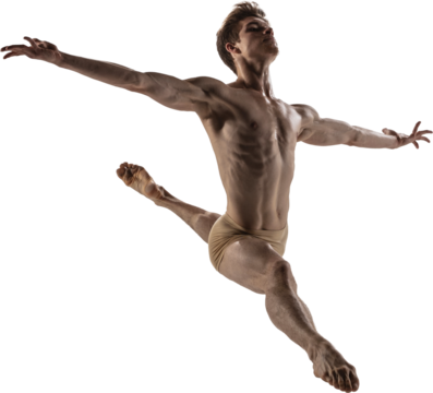 Ballet dancer in mid-air performing powerful split leap with proud posture and extended arms. Concept of elegance, athletic strength, stage expression, and performing arts discipline.