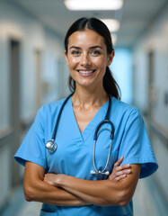 Smiling Nurse in Blue Scrubs with Stethoscope
