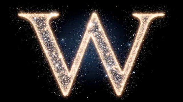 Glowing sparkling letter W with golden glitter effect on dark background creating festive and magical look