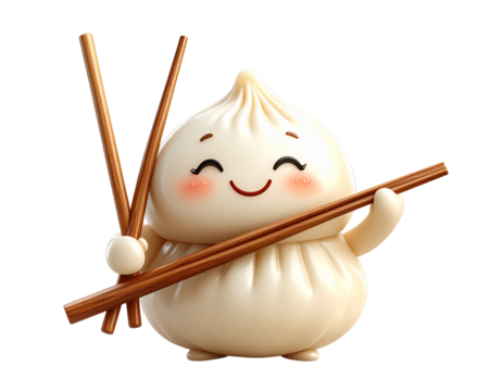  Cute Ceramic Dumpling with Smiling Face and Chopsticks, Isolated on Transparent Background PNG